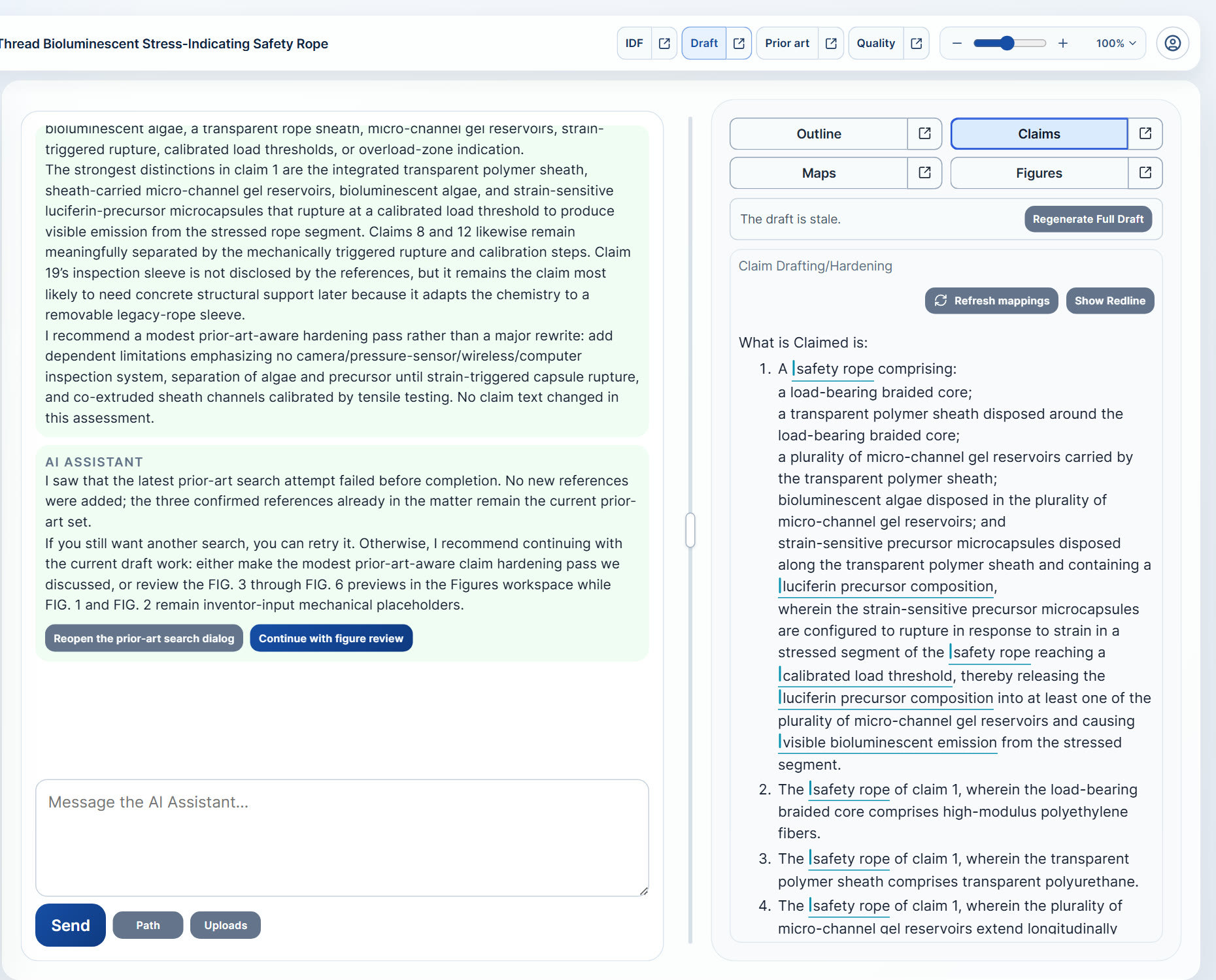 Claims view with independent claim 1 and its defined terms highlighted