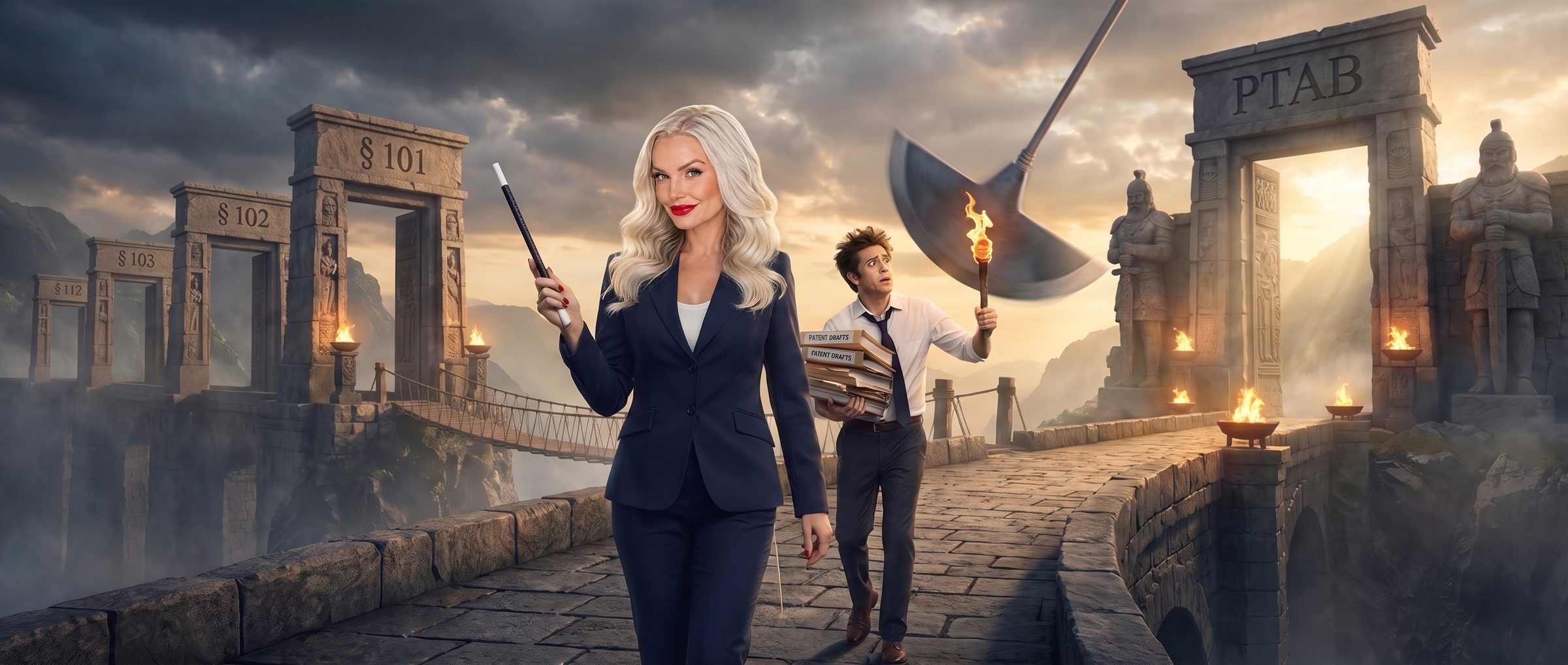 Wanda, a patent attorney with a magician's wand, strides along a stone causeway through towering gates marked §101, §102, §103, §112 and PTAB, while Milo follows with a torch and a stack of patent drafts, ducking a swinging blade.