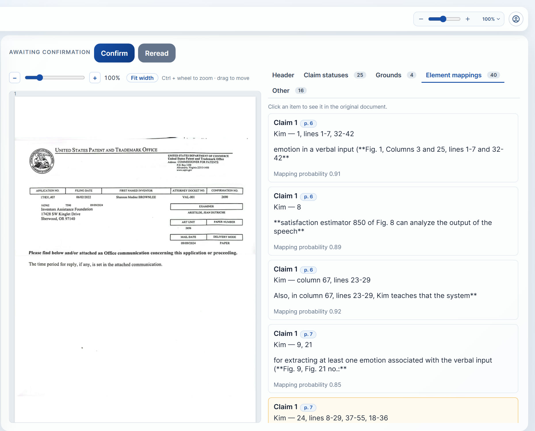 Element mappings: each claim limitation matched to the column and line of the cited reference, with a mapping confidence