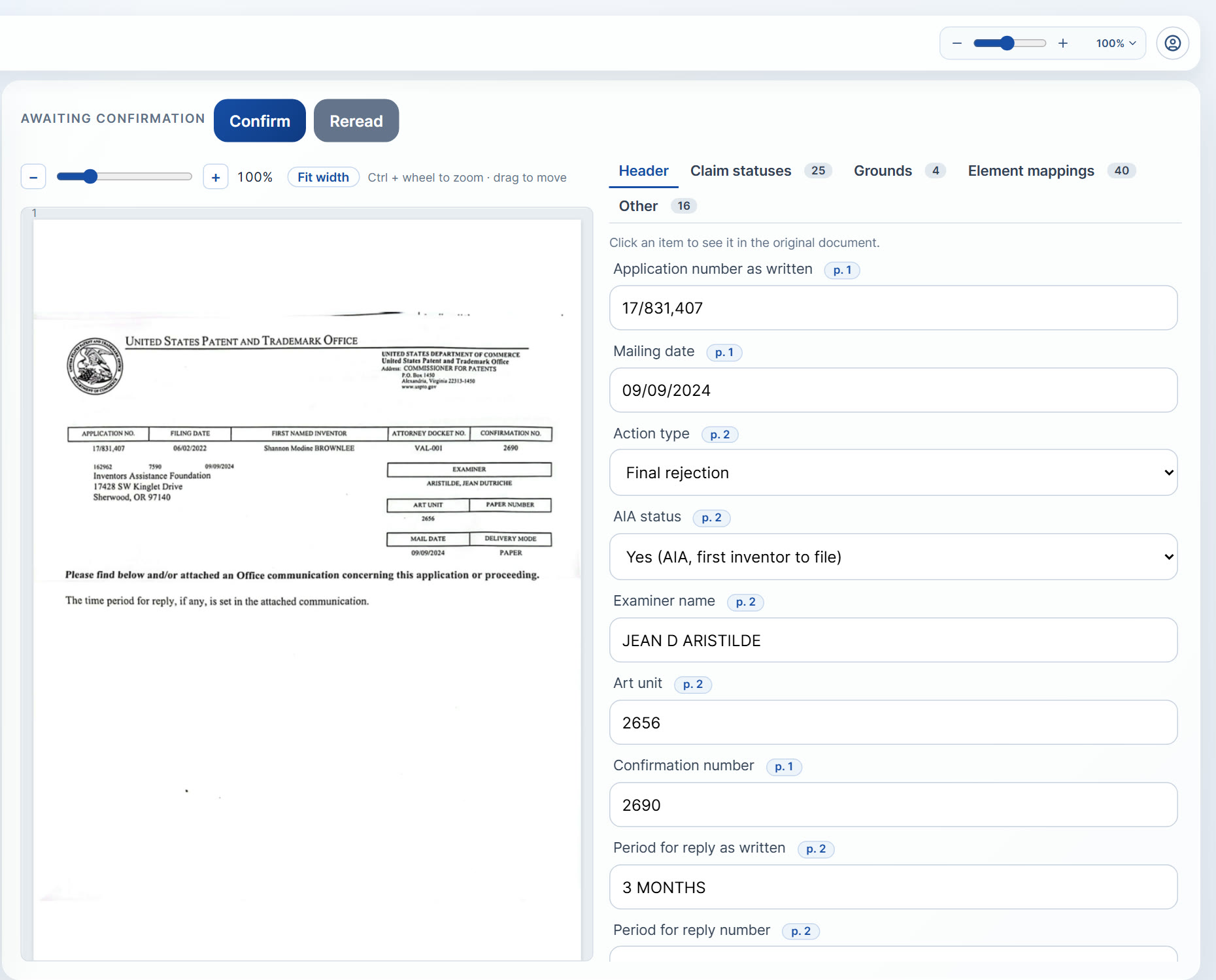 ClaimMark-P reading a USPTO final rejection: the original document beside extracted header fields, each linked to its page
