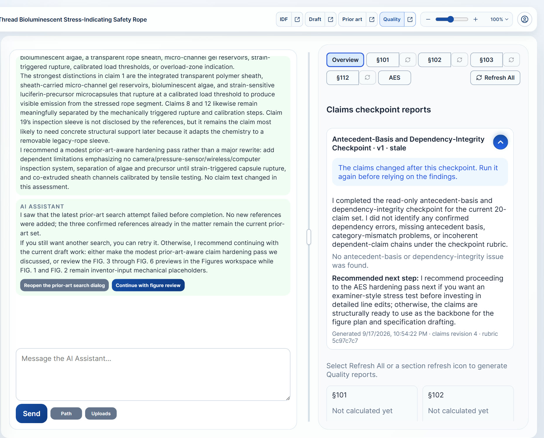 Quality checkpoint reports for §101, §102, §103, §112 and antecedent basis