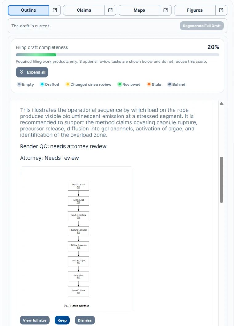 Draft outline showing filing completeness, status legend, and a figure awaiting attorney review